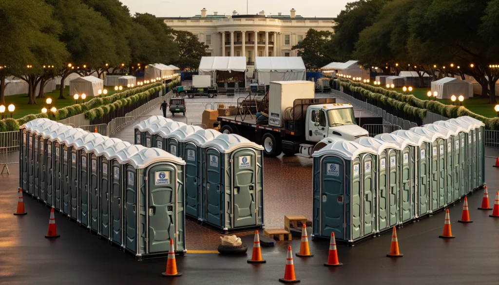 Festival porta potty bank with barricades in Camden, New Jersey